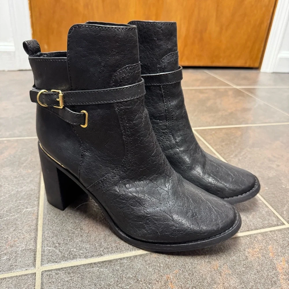 Tory Burch Kayden Buckle Strap Leather Ankle Boots Black 9.5